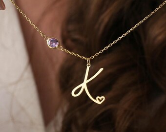Initial Heart Necklace With Birthstone • Custom Letter Necklace • Silver, Rose Handmade Personalized Gifts for Her • Birthstone Necklace