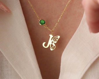 Personalized Initial Necklace with Butterfly and Birthstone, Letter Necklace with Birthstone, Christmas Gift for Her, Dainty Jewelry
