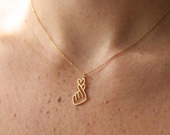 Finger Heart Necklace, Korean Style Heart Necklace, Korean Hand Gesture, Korean Love Charm, Hand Heart Necklace, Minimalist Dainty Jewelry