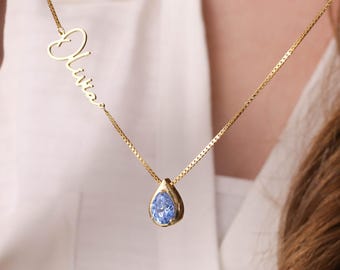 Handmade Birthstone Name Necklace, Custom Name and Birthstone Necklace, Personalized Drop Birthstone Name Necklace, Gift For Wife