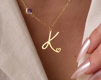 Sterling Silver Initial Necklace with Birthstone - Heart-Edged Design