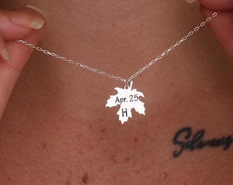 Personalized Maple Leaf Necklace: Custom Initial, Date, Number, Custom Leaf Jewelry, Christmas Gift for Her, Anniversary Gift