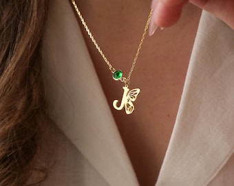 Dainy Initial Butterfly Necklace with Birthstone, Custom Letter Necklace, Butterfly Jewelry, Anniversary Bridesmaid Retirement Graduation