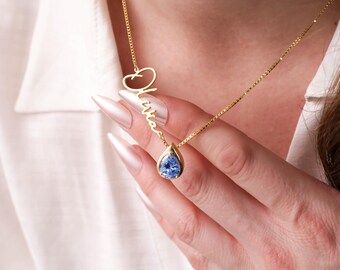 Handmade Birthstone Name Necklace, Custom Name and Birthstone Necklace, Personalized Drop Birthstone Name Necklace, Gift For Wife
