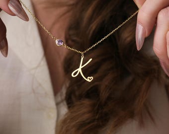 Heart Letter Necklace, Custom Initial Birthstone Necklace, Christmas Gift for Her, Birthday Gift, Bridesmaid Necklace, Engraved Necklace