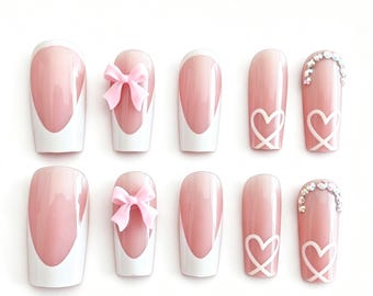 Uñas postizas rosas con punta francesa, uñas coquetas con lazo 3D y diamantes de imitación en forma de corazón, uñas postizas largas reutilizables con forma de ataúd, uñas de San Valentín para mujer.