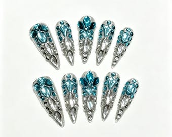 Ice Blue Rhinestone Stiletto Press On Nails, Luxury Sparkly Crystal Fake Acrylic Nails