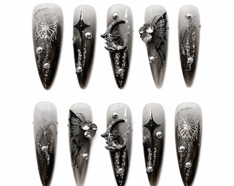 Handmade Gothic Butterfly Moon Stiletto Nails, Silver Chrome Ombre Set