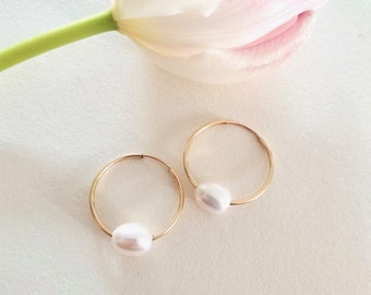 Floating Pearl Hoop earrings - minimal gold hoops