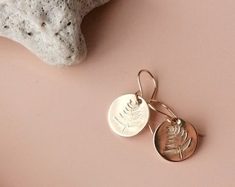 Gold Fern Disc earrings - dainty gold drop style - botanical jewelry