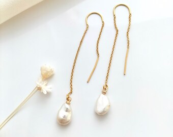Gold and Pearl ear threader earrings