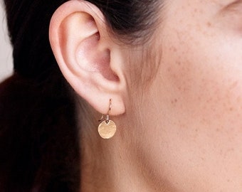 Tiny Hammered Disc earrings - dainty gold drop style - minimal