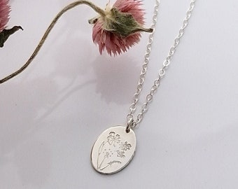 Silver Wildflower Bouquet necklace - dainty oval pendant - hand stamped