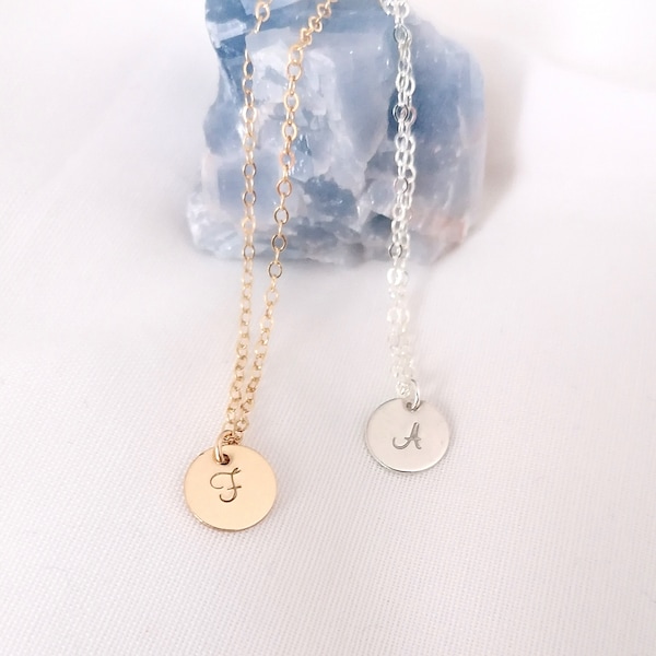 Small Initial Disc necklace - personalised pendant - elegant script font - layering chain