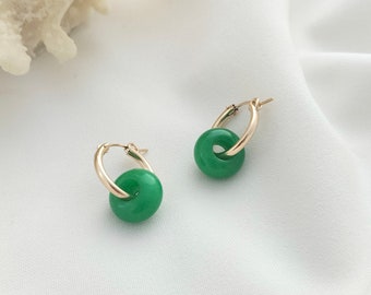 Green Jade Hoop earrings with removable beads - gold fill