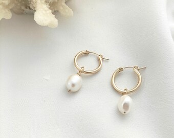 Baroque Pearl Hoop earrings - gold fill - medium sized hoops