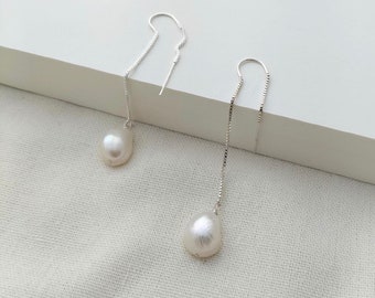 Long Silver and Pearl ear threader earrings