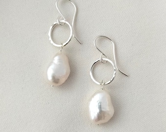 Pearl Drop earrings with silver hammered circles