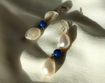 Long Pearl and Blue Bead earrings