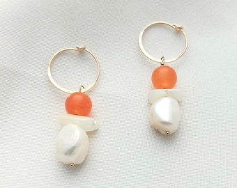 Orange Jade Pearl Hoops