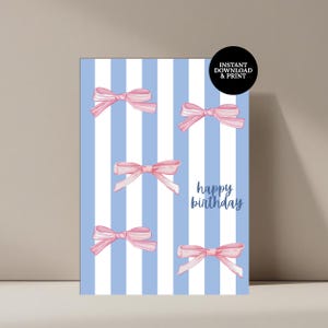 Cartão de aniversário com laço rosa, cartão digital de aniversário, cartão de felicitações feminino para impressão, interior em branco, cartão 5x7, presente para ela