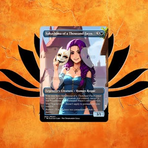 Peut inclure: Une carte de jeu de fantasy représentant une femme aux cheveux violets et un masque, tenant un masque dans sa main. La carte est bleue et blanche avec le texte "Sakashima of a Thousand Faces" et "Créature légendaire - Roublard humain".