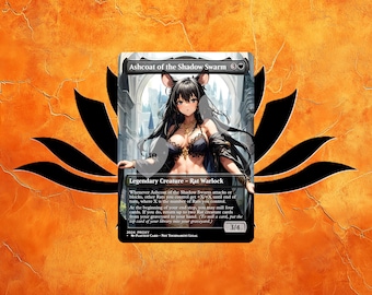 Op de afbeelding: Een fantasy trading card met een vrouw met zwart haar en een zwart-witte outfit. De kaart heeft de titel "Ashcoat of the Shadow Swarm" en heeft een kracht en uithoudingsvermogen van 3/4. De kaarttekst beschrijft de vaardigheden van het wezen.