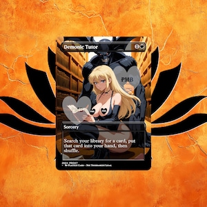 May include: A black and white illustration of a magic card with the text "Demonic Tutor" and "Sorcery". The card depicts a woman with blonde hair and a black outfit, sitting on a black figure with horns. The card has a black border and a white background.