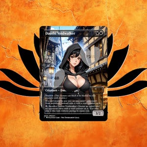May include: A custom proxy card featuring a fantasy illustration of a woman in a black hooded outfit. The card is labeled "Dauthi Voidwalker" and includes game text and a power/toughness of 3/2. The background is an orange gradient with a black floral design.