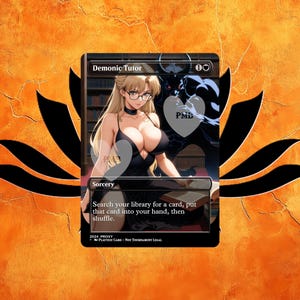 Può includere: Una carta proxy personalizzata con il titolo "Demonic Tutor", raffigurante una donna bionda con un vestito nero e occhiali. La carta ha un bordo nero e include il testo "Sorcery" e le istruzioni. Lo sfondo è arancione con un disegno floreale nero.