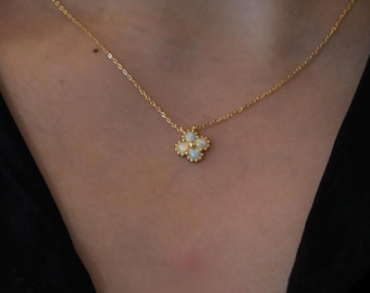 14k Gold Plated Clover Opal Pendant S925 Necklace, Daisy Clover Necklace, Opal Necklace, 14k Gold Opal Necklace, Lucky Four Leaf Necklace