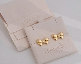 Pendientes de botón con lazo dorado bañados en oro de 18 k, pendientes de lazo de plata de ley, pendientes de botón con circonita cúbica, pendientes de oro auténtico de 18 k