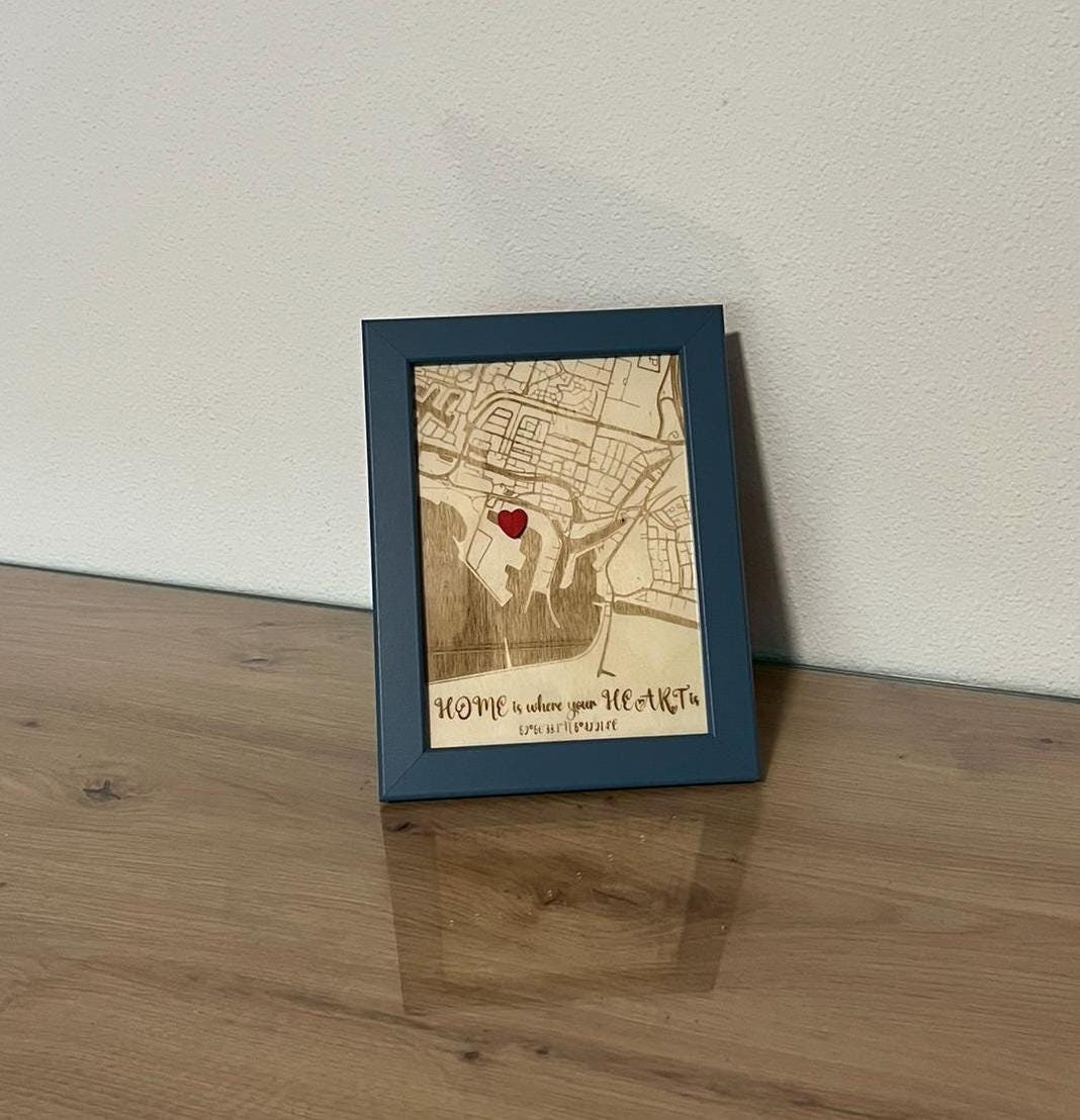 YOUR WOODEN MAP with HEART in picture frame - personal coordinates/places - gift idea, wood art, picture frame, wall decoration, individual