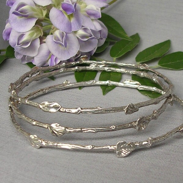 Twig and leaf bangle bracelet set, sterling silver, woodland, nature jewelry, standard size