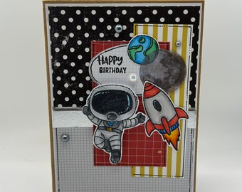 Birthday Card - Boys, Masculine, Outta This World, Space, Astronaut, Moon, Earth, Rocket  - Lets Party - Kids Birthday - Birthdays