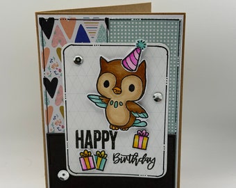 Birthday Card - Birthdays - Cards - Card - Owl - Happy Birthday - Colourful Card - Party Hat and Presents. What a Hoot!