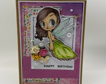 Birthday Card - Happy Birthday - Greeting Card,  Faerie- spring - Floral- Fairy- Fae - Fantasy - Cards - Romantic - Glitter and Pearls