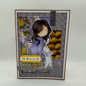 Tarjeta para toda ocasión: Hola, flores moradas y amarillas, tarjeta de amistad, primavera, tarjeta porque sí, día de San Valentín, tarjeta de cumpleaños, amistad