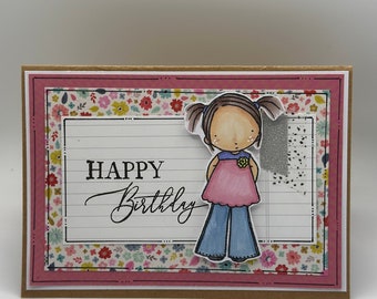 Birthday Card - Happy Birthday - Greeting Card,  Gardening - spring - Pink- Glitter- Floral- Summer- Cards