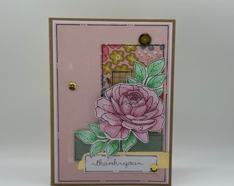 Thank You Card - Thanks - Greeting Card - Thankyou -  Cards - Greeting Cards - Thankful for you - Rose - Flower - Floral - Pink - Gold