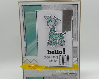 New Baby Card - Baby Shower, New Baby Gift, Giraffe, Welcome Baby, Gender Neutral Baby Gift, Turquoise, Aqua, silver and Yellow - Modern