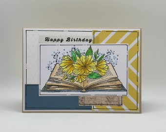 Birthday Card - Happy Birthday - Greeting Card,  Reading - books, book, book club, booktok, reader - flowers