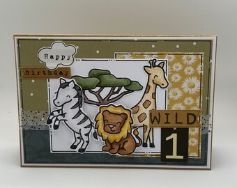 Birthday Card - Boys, First Birthday - Wild One - Safari - African Animals- Kids Birthday  - First Birthday - 1st Birthday - Turning 1