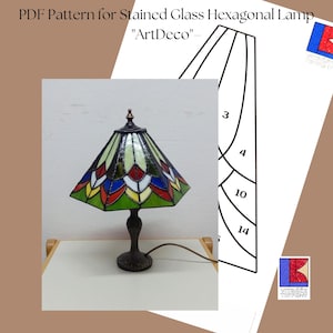May include: A stained glass hexagonal lamp with an Art Deco design. The lamp has a black metal base and a colorful glass shade with geometric patterns. The image also includes a PDF pattern for the lamp.