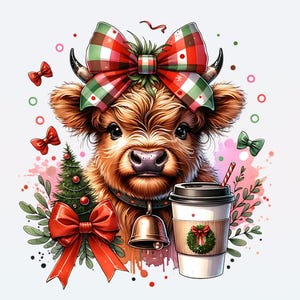 Kerst hooglandkoe digitale download png grafische afbeelding kerstsublimatie afbeelding hooglandkoe print on demand grafisch, png-ontwerp