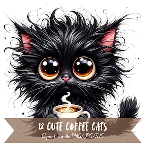 Paquete de imágenes prediseñadas de lindos gatos de café, adorables animales, imágenes con fondo transparente estilo acuarela, arte digital de gatitos divertidos PNG SVG