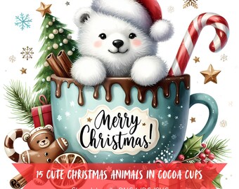 Cute Christmas Animals In Cocoa Cups Clipart Bundle, Watercolor Images, Merry Christmas High Quality Art, Commercial Use Digital Pack