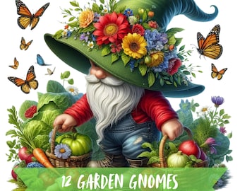 Cute Garden Gnome Clipart Bundle Spring Gnome Garden Digital Art Pack Nature Gnome Clip Art Gnome Floral PNG Cute Gnome Garden Cute Clipart