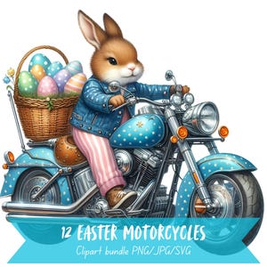 Bundle de cliparts moto de Pâques, graphiques de motards lapin de Pâques, oeuf de Pâques 300 DPI Images d'arrière-plan Transparent, art numérique vélo aquarelle
