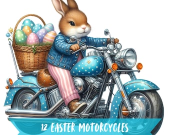 Easter Motorcycle Clipart Bundle, Easter Bunny Biker Graphics, Easter Egg 300 DPI Transparent Background Images, Watercolor Bike Digital Art